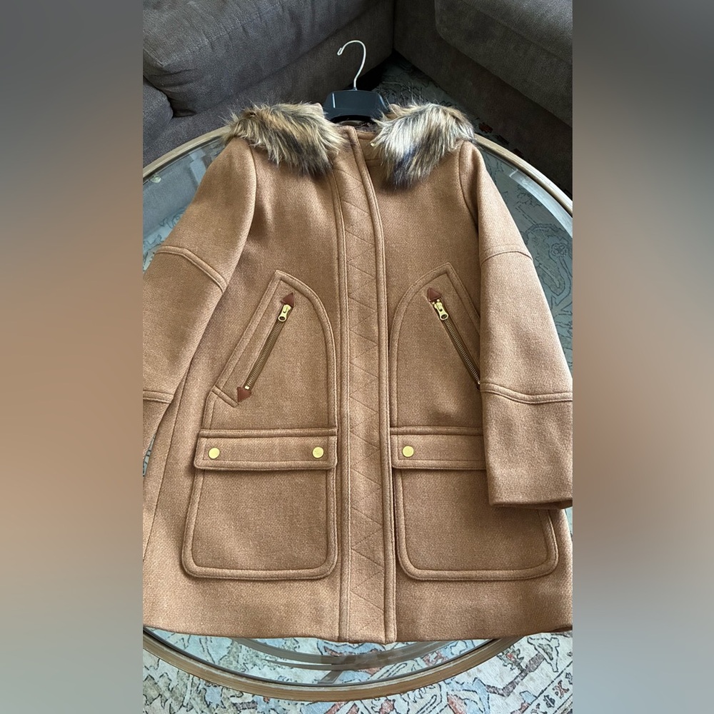 J. Crew Brown Wool Trench Coat with Gold Accents